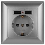 4-410-03 Intro Розетка P+E Schuko со шторками, 16А-250В + 2хUSB, СУ, Solo, алюминий (10/100/2000)