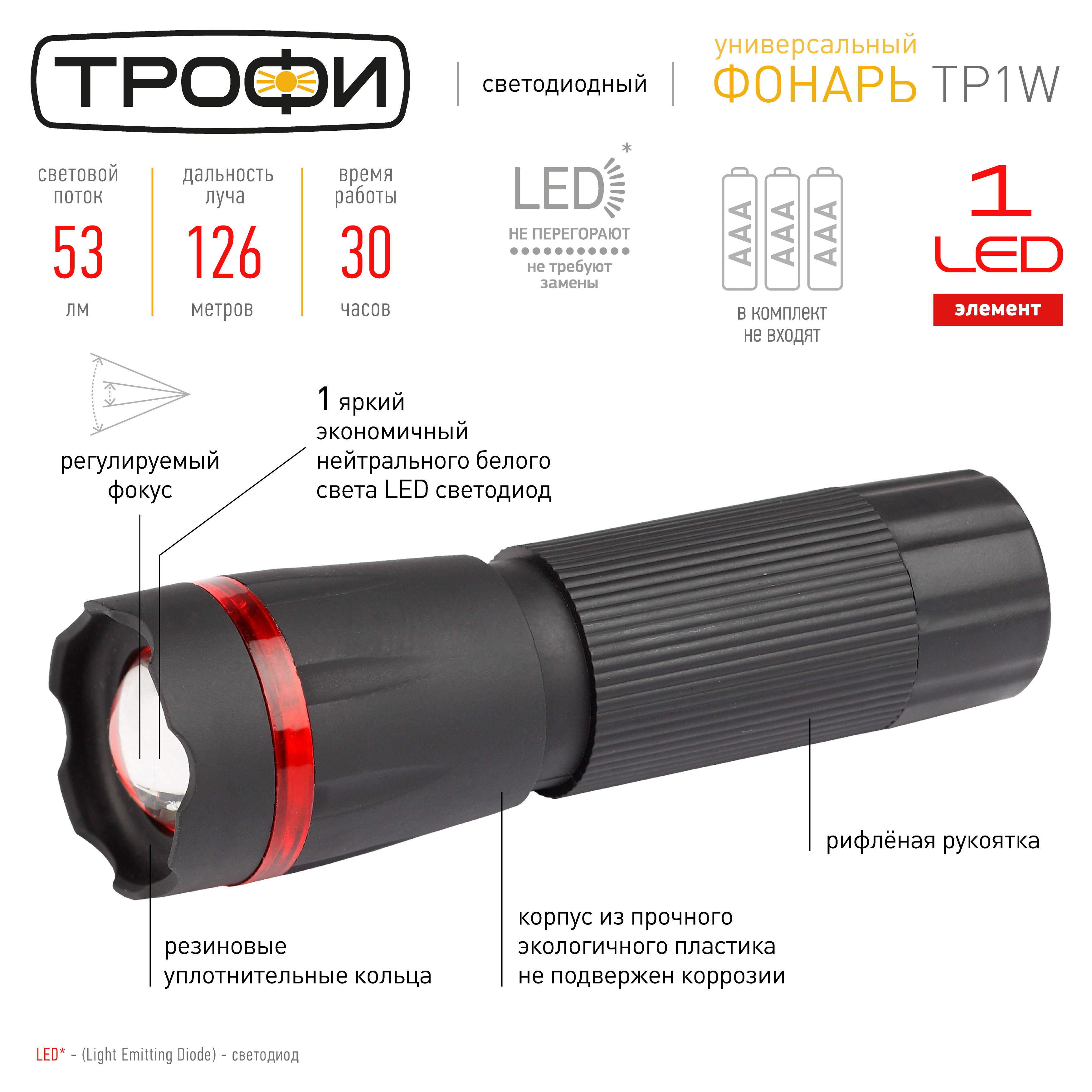 TP1W Фонарь Трофи 1W LED, регулируемый фокус, пластик, 3xAAA, карт (60/240/4320)