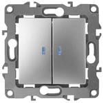 12-1105-03 ЭРА Выключатель двойной с подсветкой, 10АХ-250В, IP20, Эра12, алюминий (10/100/2500)