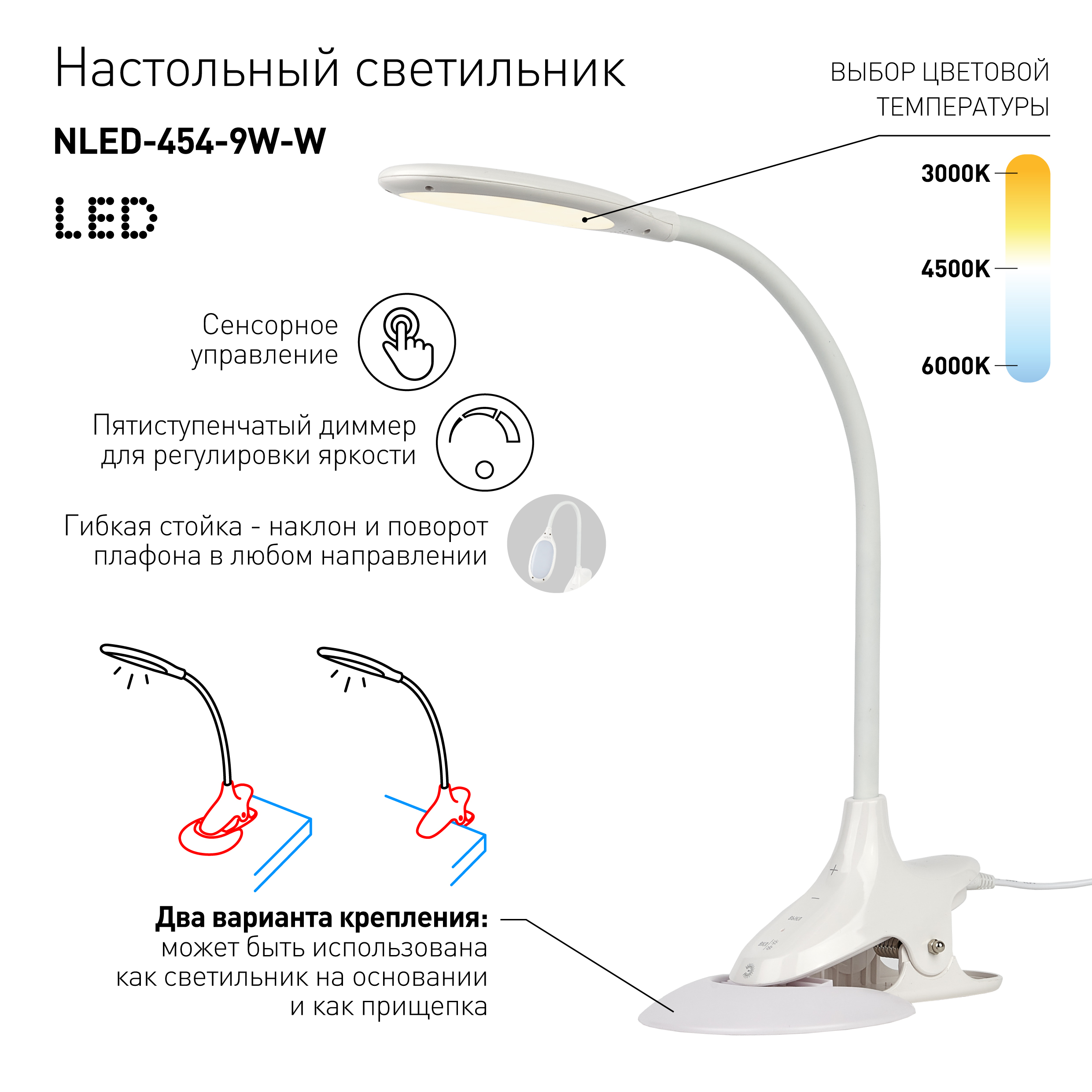 ЭРА наст.светильник NLED-454-9W-W белый (8/64)
