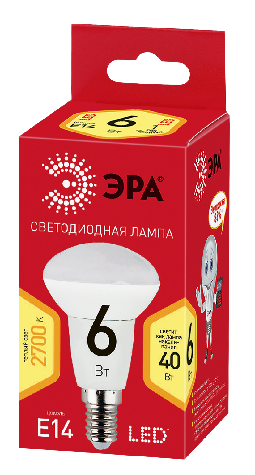 ECO LED R50-6W-827-E14 ЭРА (диод, рефлектор, 6Вт, тепл, E14) (10/100/3600)