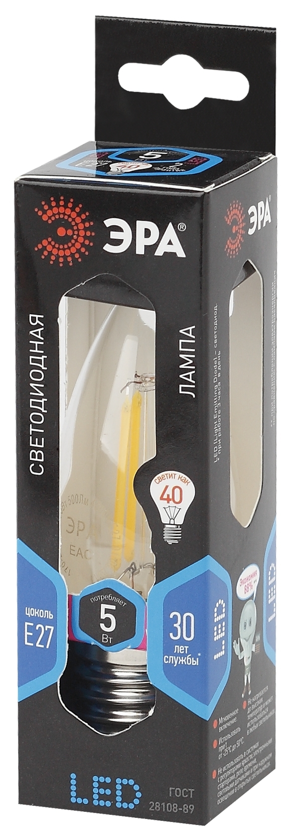 F-LED B35-5W-840-E27 ЭРА (филамент, свеча, 5Вт, нейтр, E27) (10/100/2800)