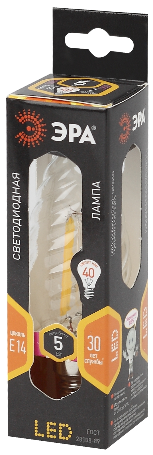 F-LED BTW-5W-827-E14 ЭРА (филамент, свеча витая, 5Вт, тепл, E14) (10/100/2800)