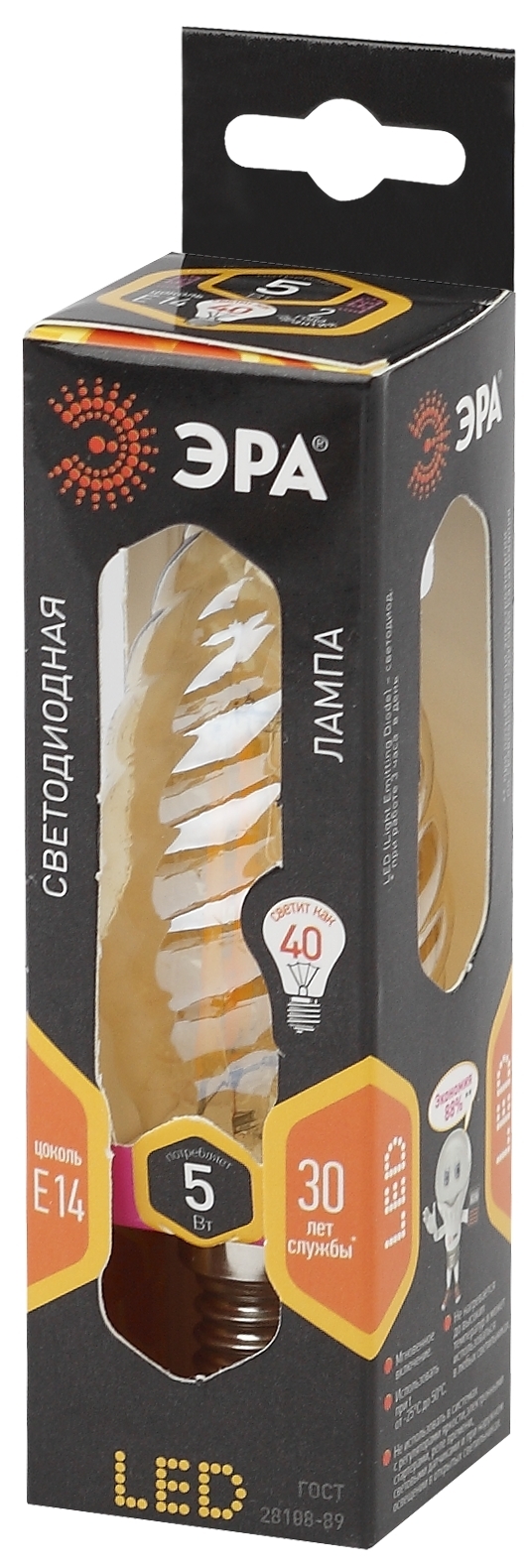 F-LED BTW-5W-827-E14 gold ЭРА (филамент, свеча витая золот., 5Вт, тепл, E14) (10/100/2800)