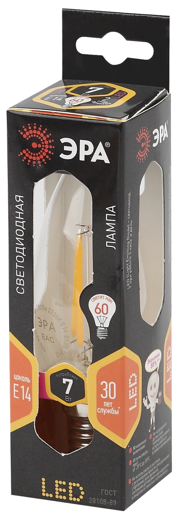 F-LED B35-7W-827-E14 ЭРА (филамент, свеча, 7Вт, тепл, E14) (10/100/2800)