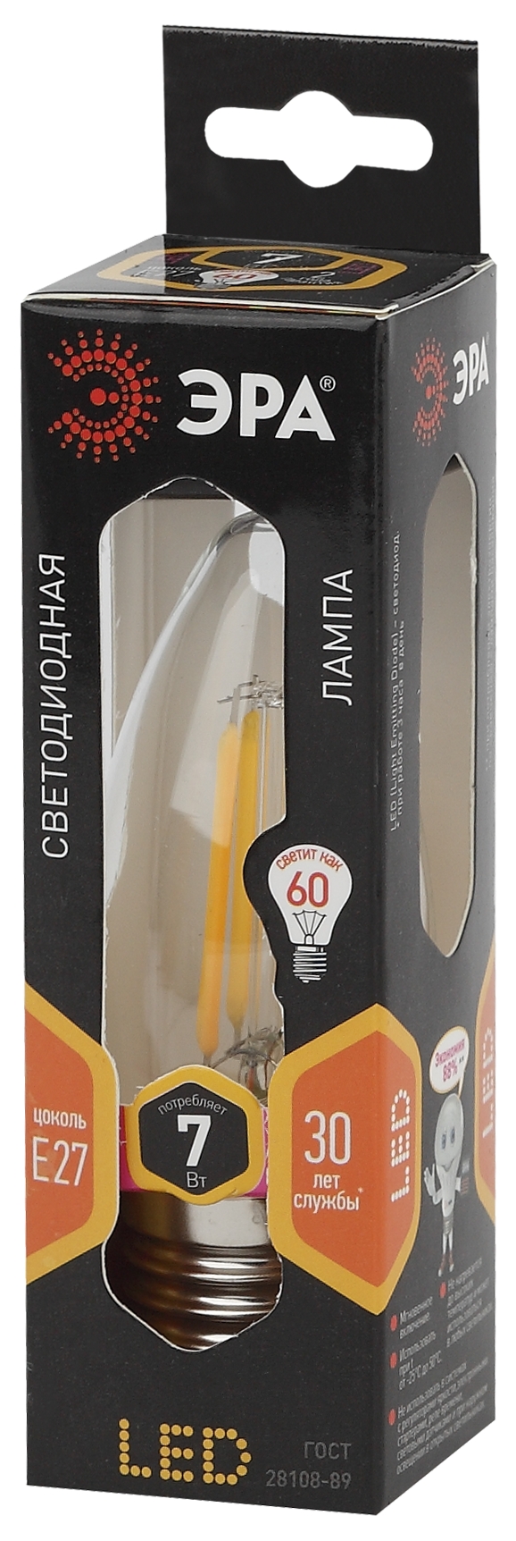 F-LED B35-7W-827-E27 ЭРА (филамент, свеча, 7Вт, тепл, E27) (10/100/2800)