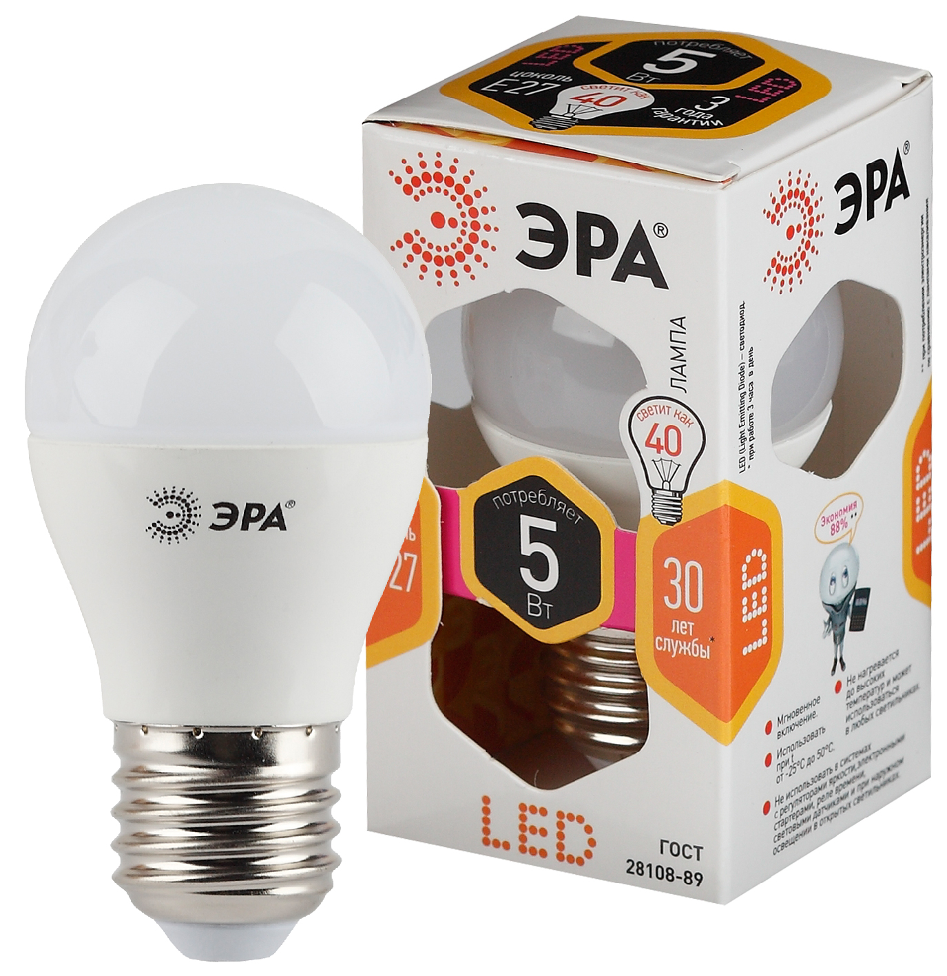 LED P45-5W-827-E27 ЭРА (диод, шар, 5Вт, тепл, E27) (10/100/3600)