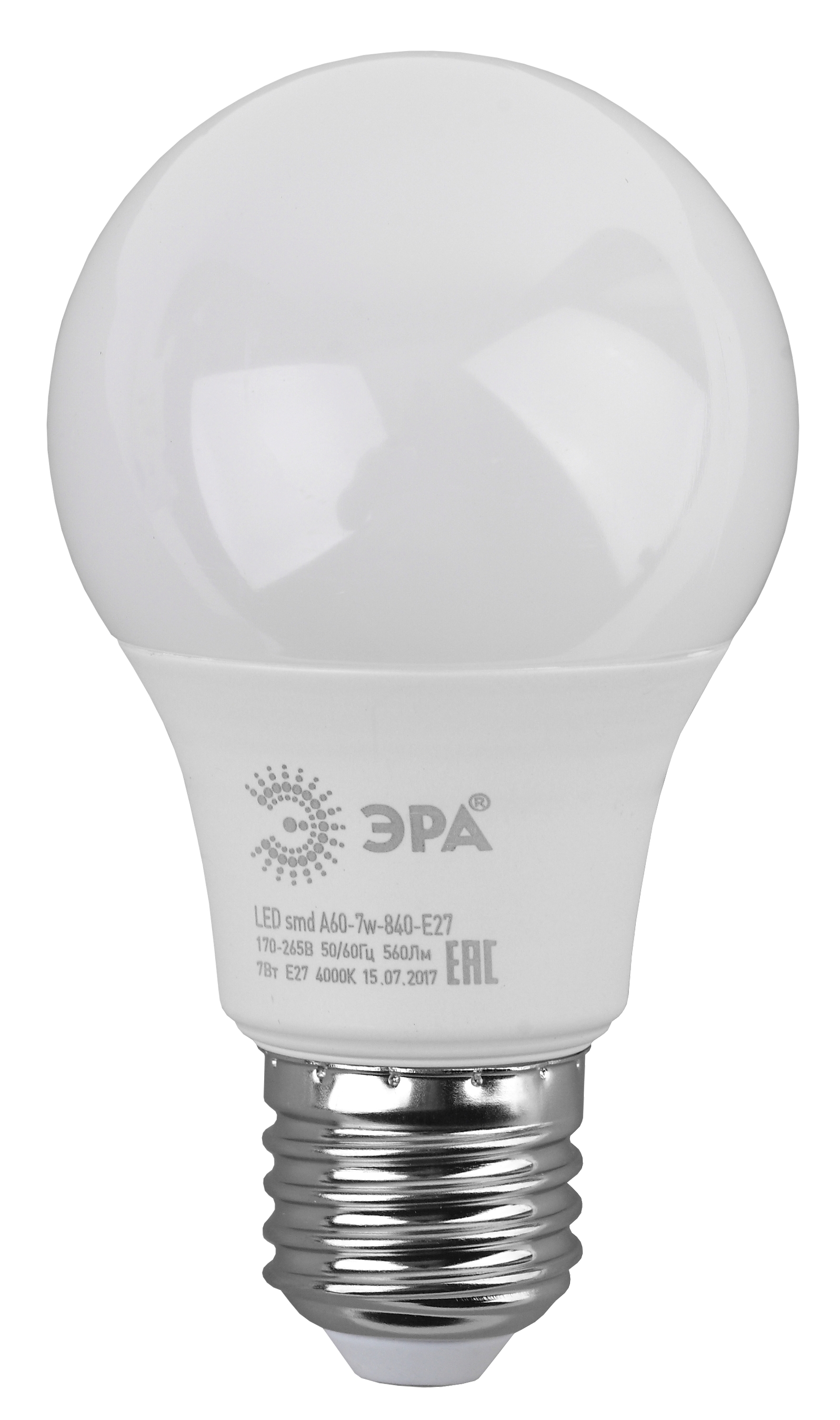 LED A60-7W-840-E27 ЭРА (диод, груша, 7Вт, нейтр, E27) (10/100/1500)