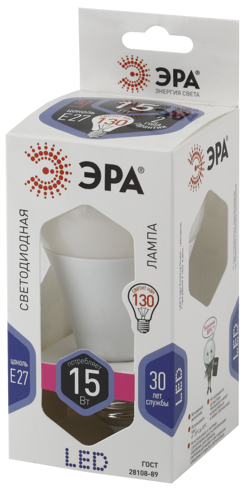 LED A60-15W-860-E27 ЭРА (диод, груша, 15Вт, хол, E27) (10/100/2000)