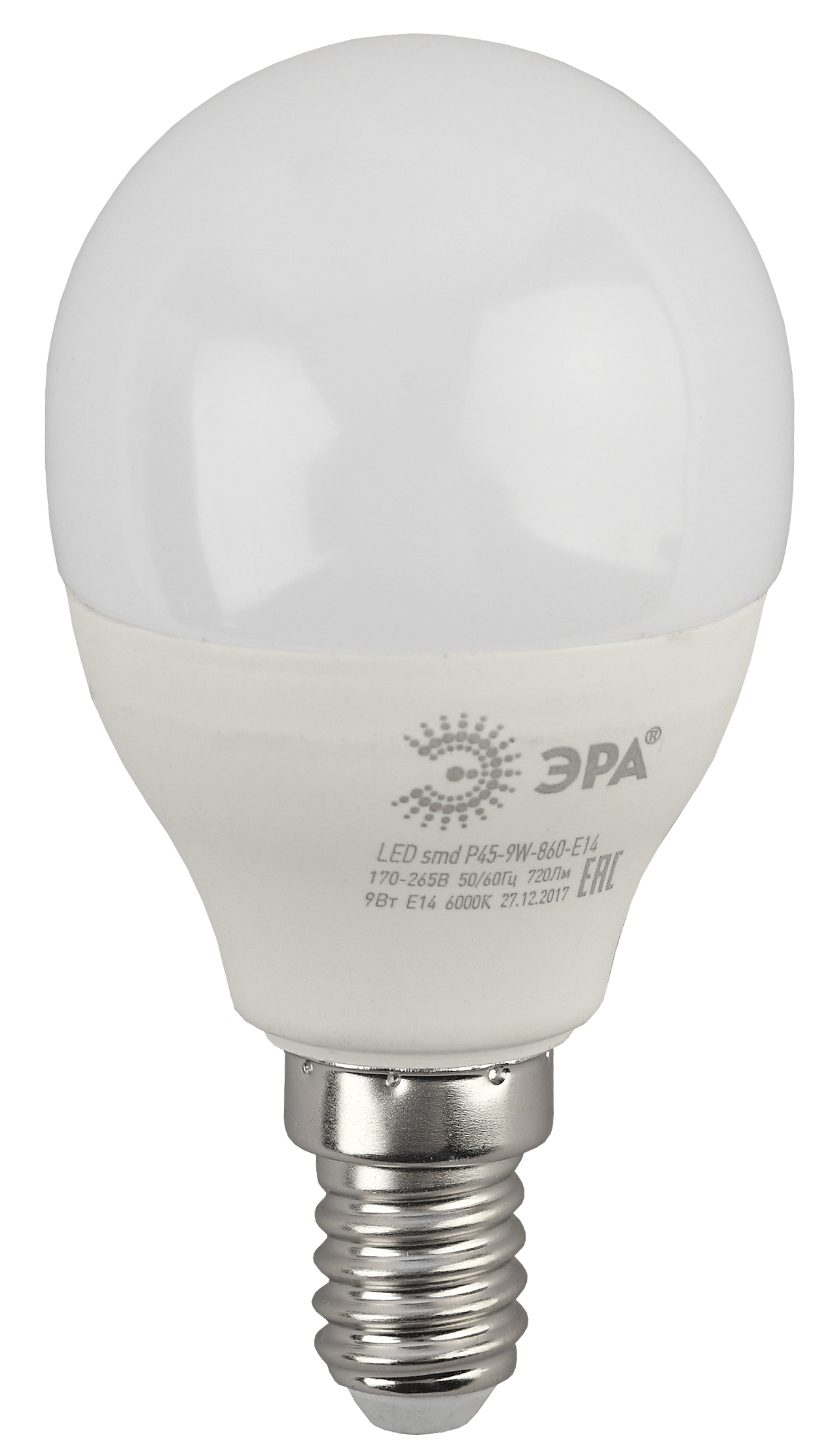 LED P45-9W-860-E14 ЭРА (диод, шар, 9Вт, хол, E14) (10/100/3600)