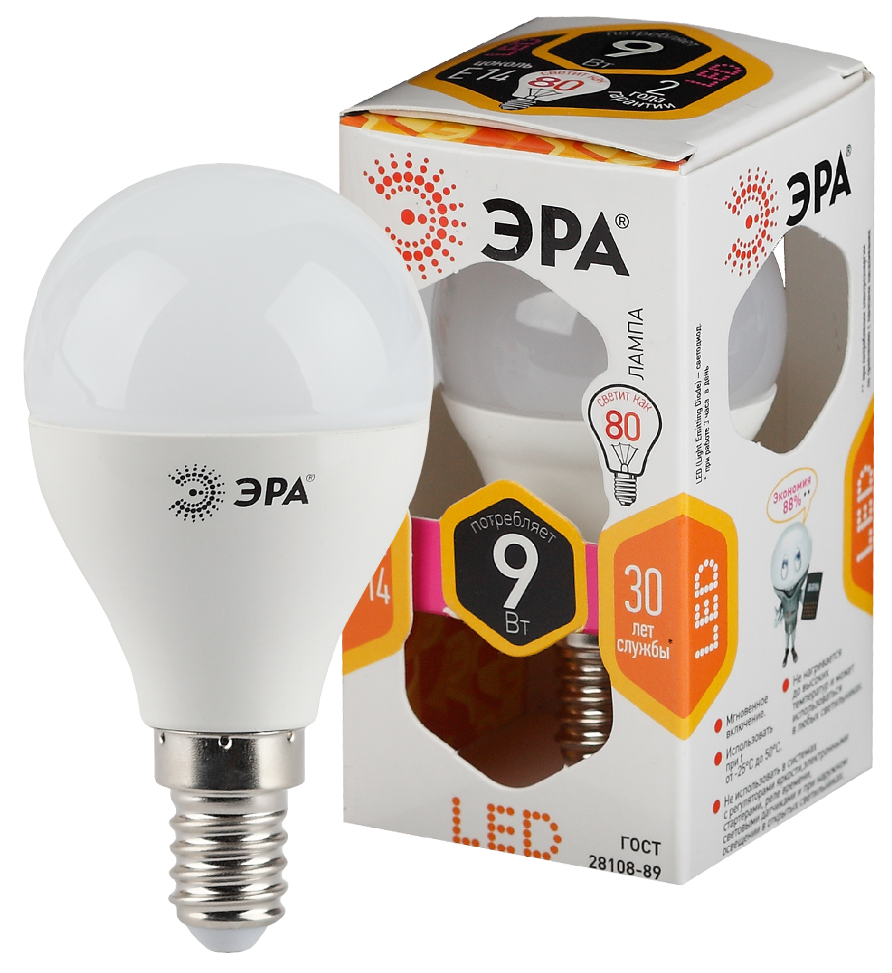 LED P45-9W-827-E14 ЭРА (диод, шар, 9Вт, тепл, E14) (10/100/3600)