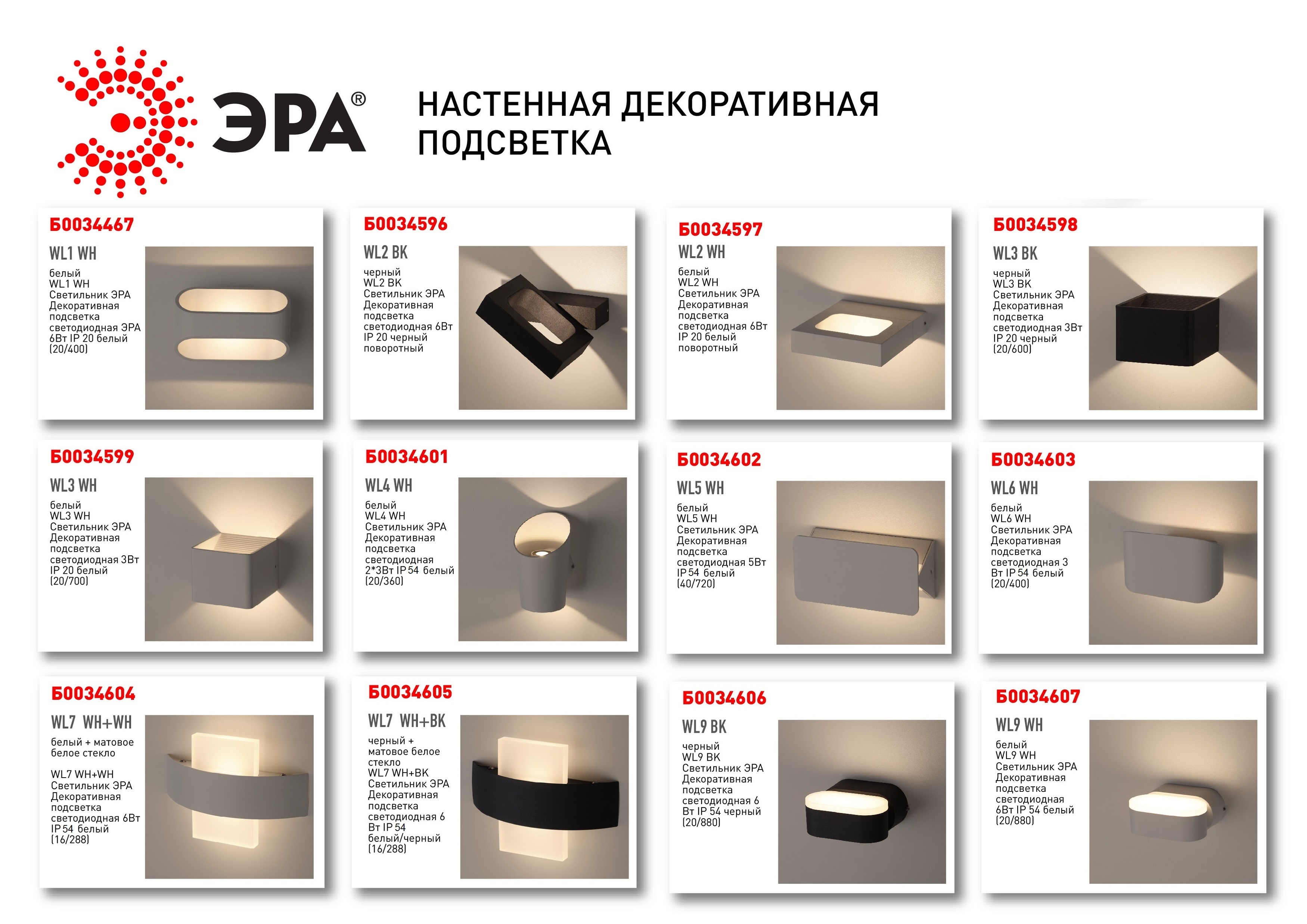 Декоративная подсветка светодиодная ЭРА  WL4 WH 2*3Вт IP54 белый