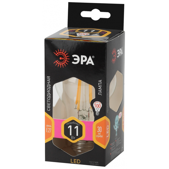 F-LED A60-11W-827-E27 ЭРА (филамент, груша, 11Вт, тепл, Е27) (10/100/1500)