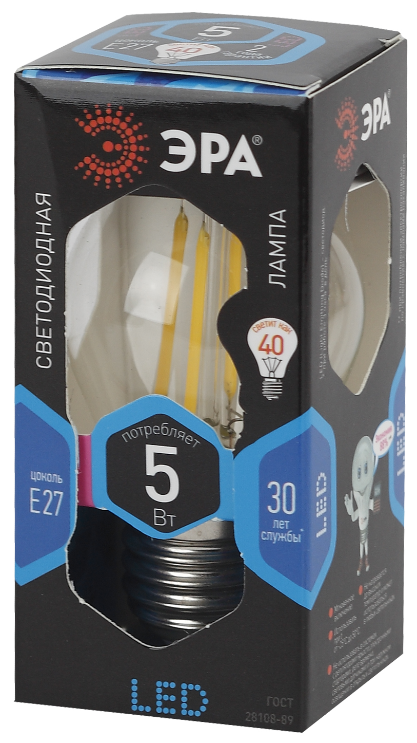 F-LED P45-5W-840-E27 ЭРА (филамент, шар, 5Вт, нейтр, E27), (10/100/3600)