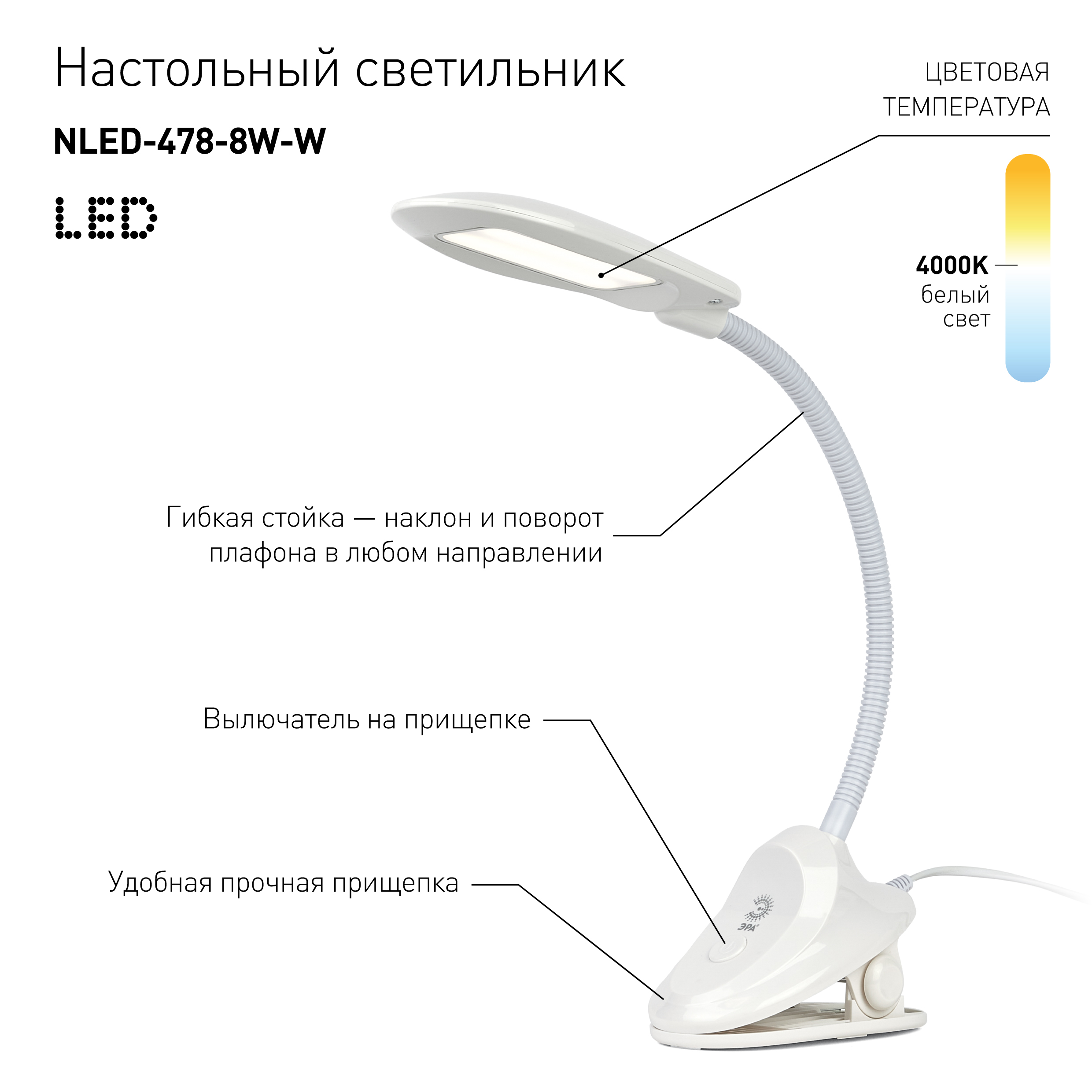 ЭРА наст.светильник NLED-478-8W-W белый (20/160)