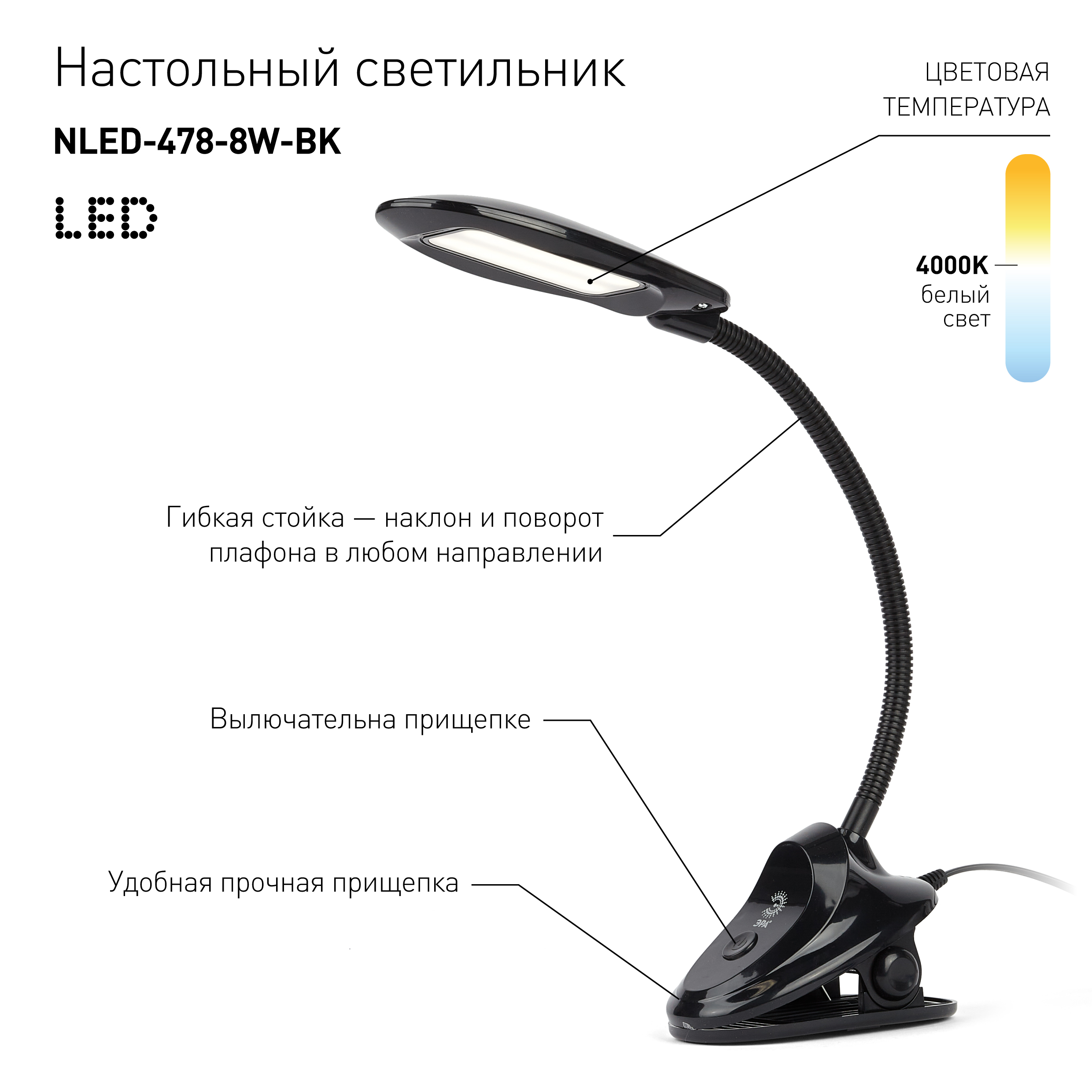 ЭРА наст.светильник NLED-478-8W-BK черный (20/160)