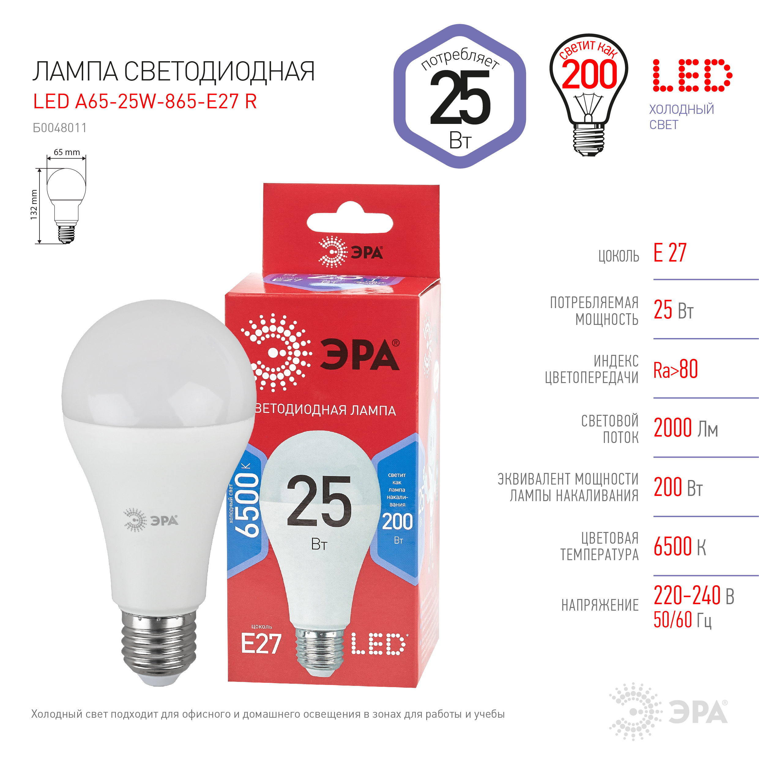 Лампочка светодиодная ЭРА RED LINE LED A65-25W-865-E27 R Е27 / E27 25 Вт груша холодный дневной свет