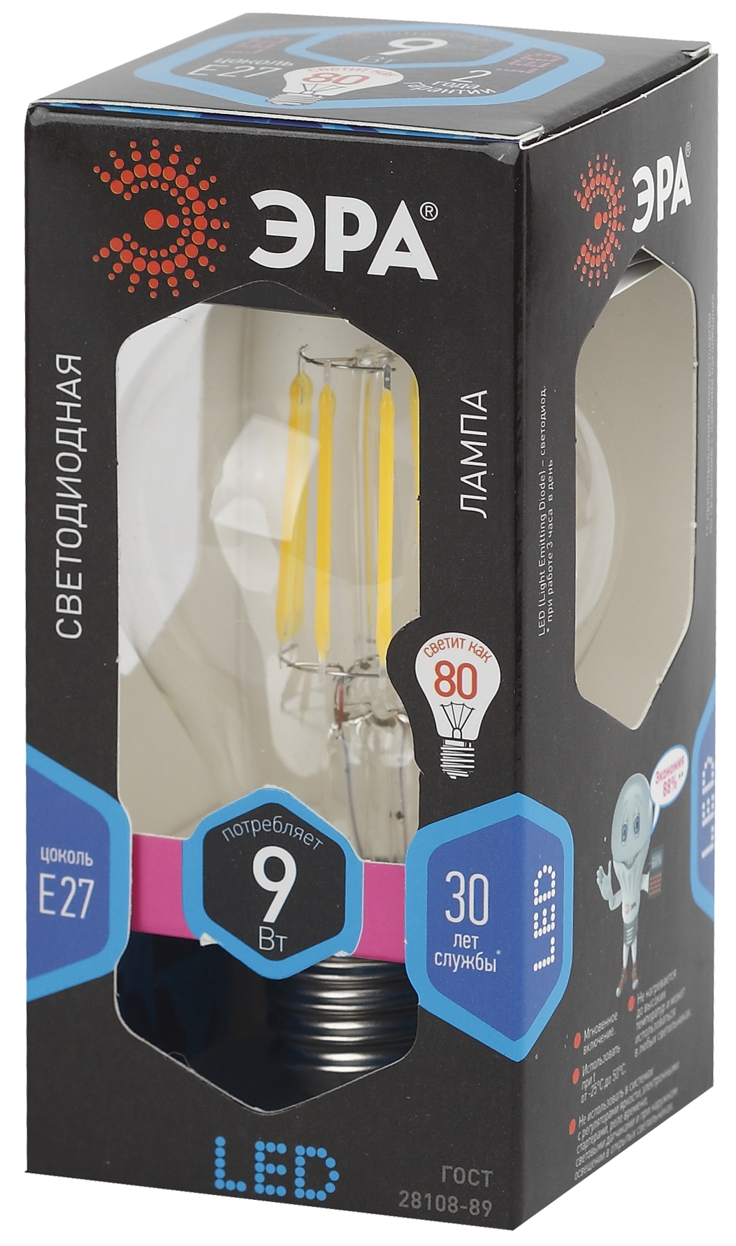F-LED A60-9W-840-E27 ЭРА (филамент, груша, 9Вт, нейтр., Е27) (10/100/1500)