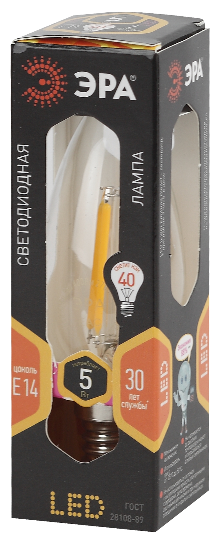 F-LED B35-5W-827-E14 ЭРА (филамент, свеча, 5Вт, тепл, E14) (10/100/3500)