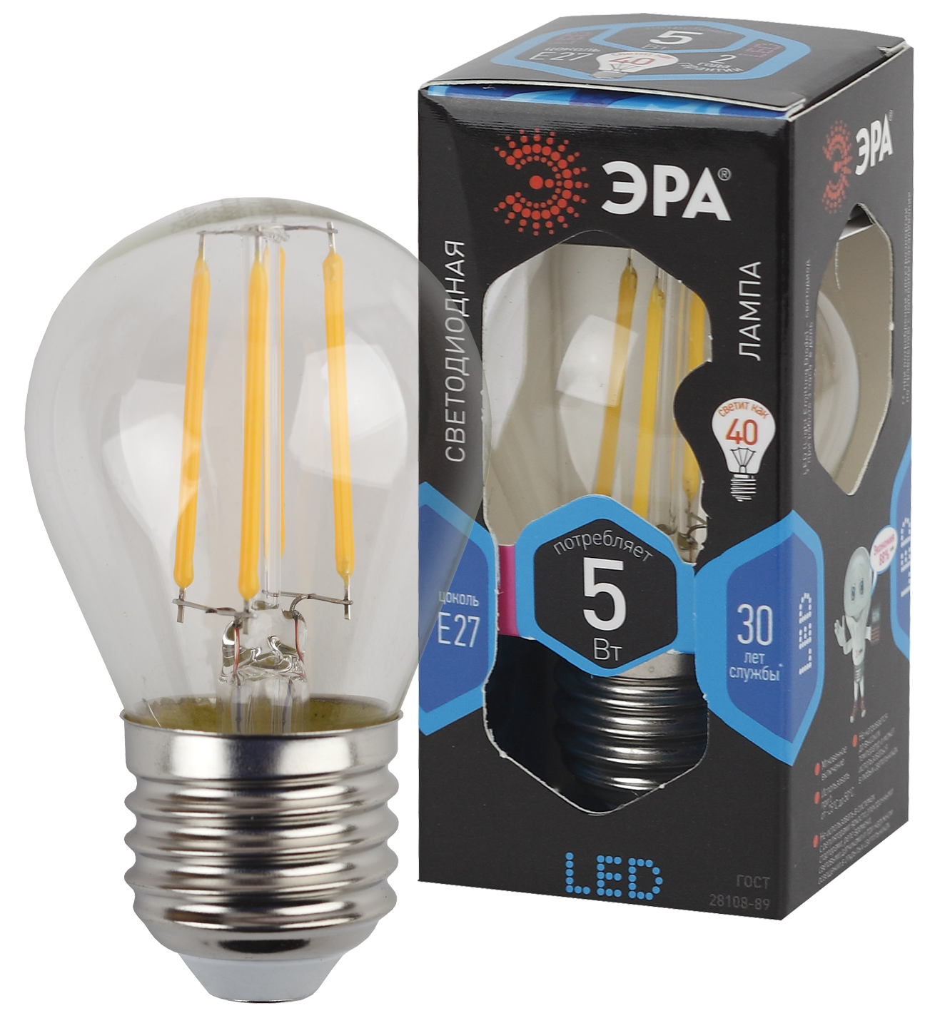 F-LED P45-5W-840-E27 ЭРА (филамент, шар, 5Вт, нейтр, E27) (10/100/3200)