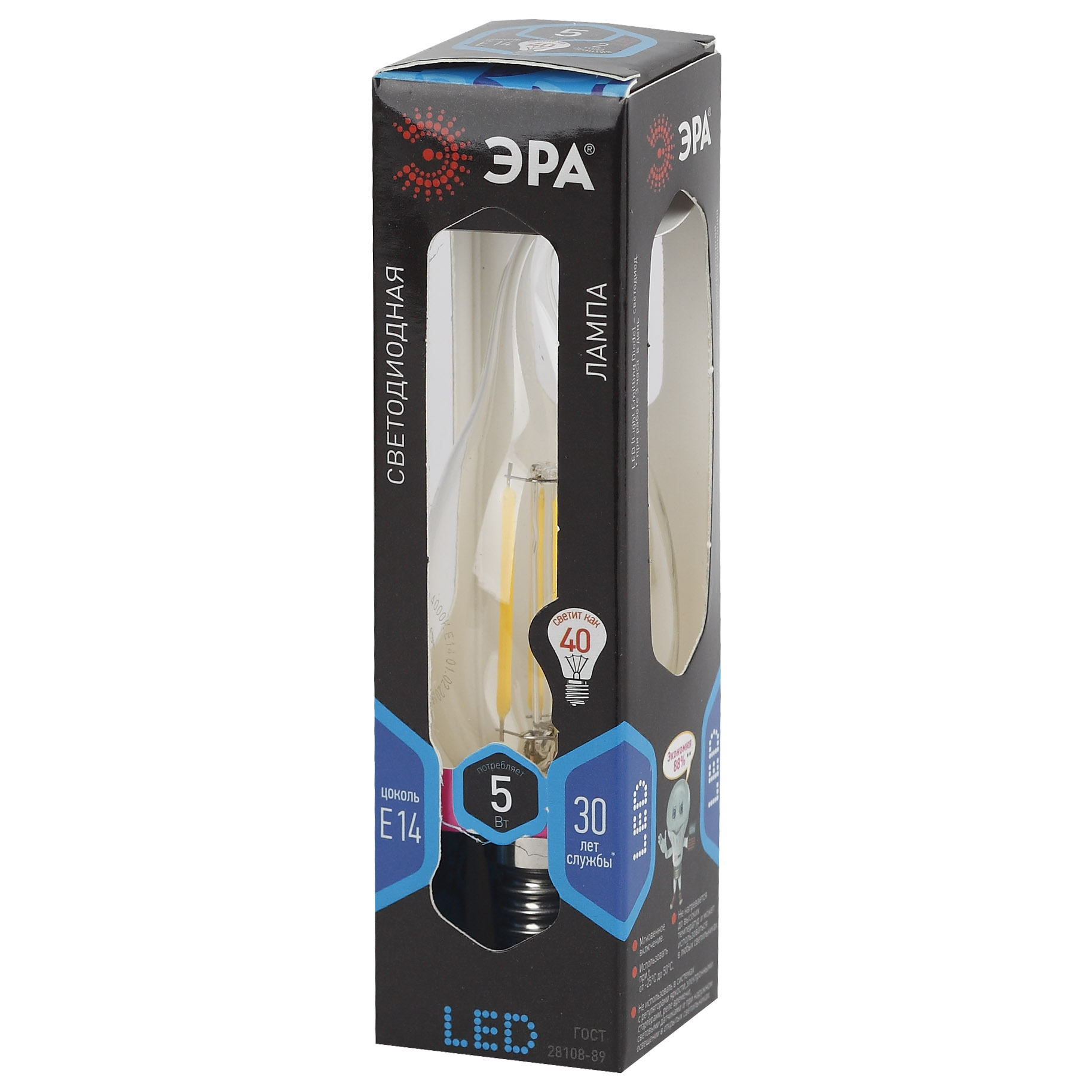 F-LED BXS-5W-840-E14 ЭРА (филамент, свеча на ветру, 5Вт, нейтр, E14) (10/100/2800)