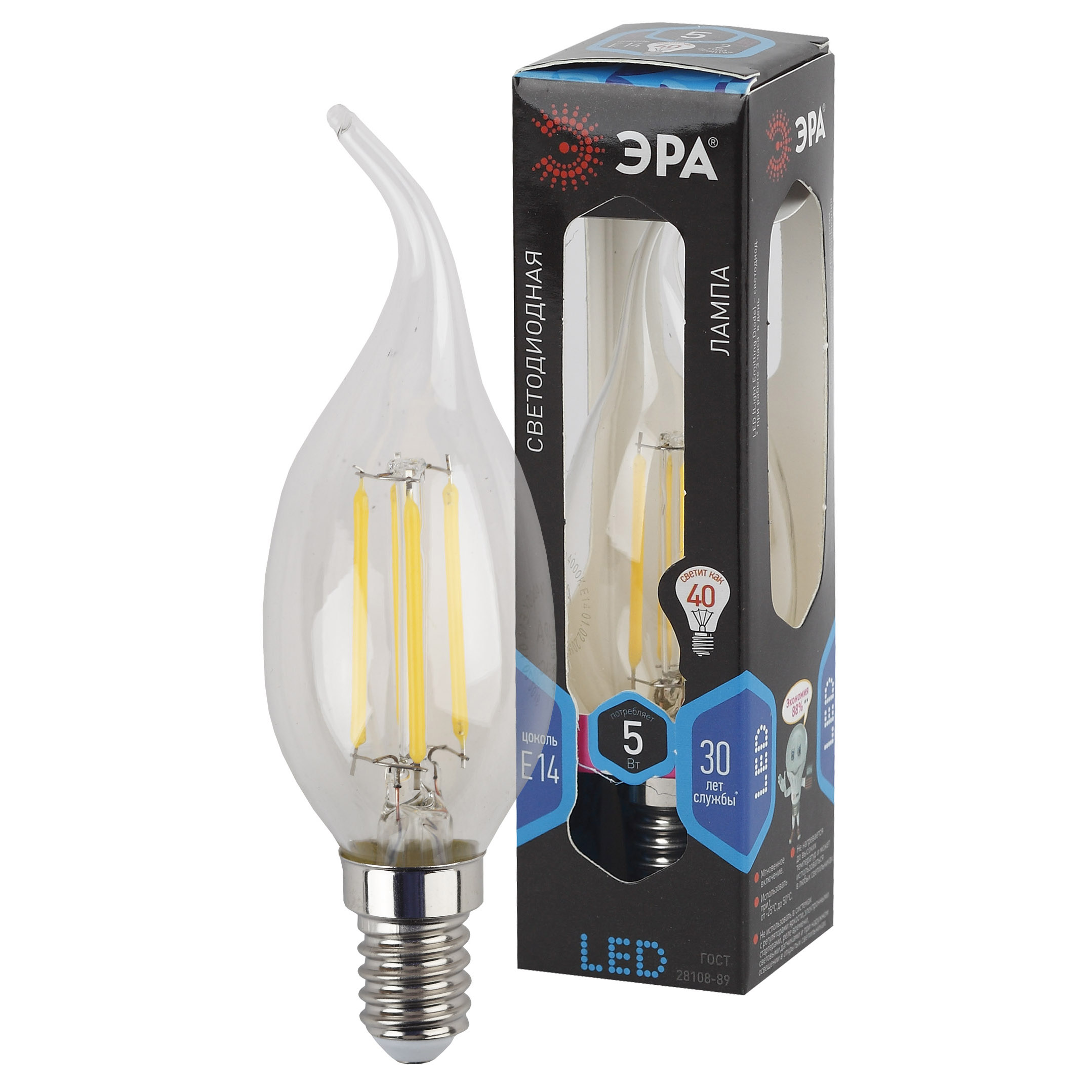 F-LED BXS-5W-840-E14 ЭРА (филамент, свеча на ветру, 5Вт, нейтр, E14) (10/100/2800)