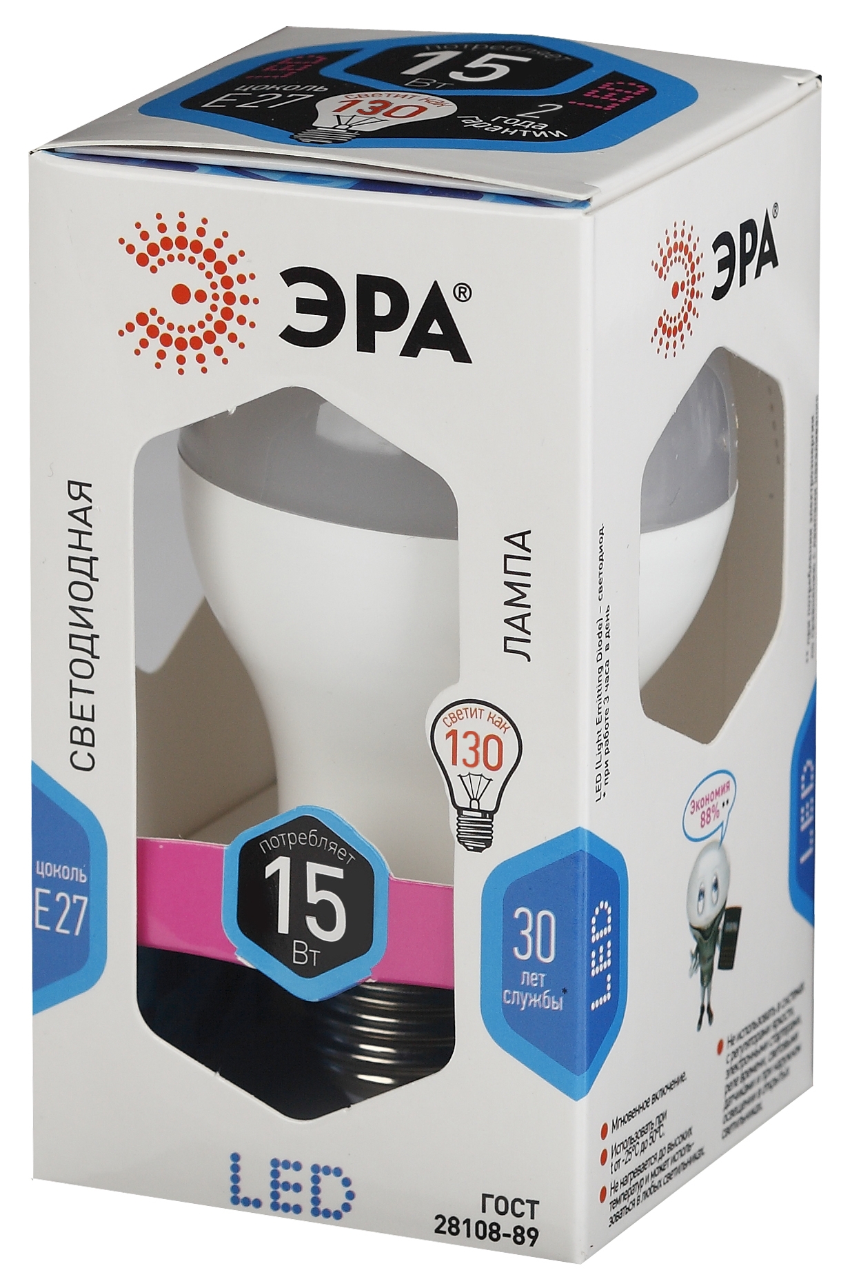 LED A60-15W-840-E27 ЭРА (диод, груша, 15Вт, нейтр, E27), (10/100/1500)