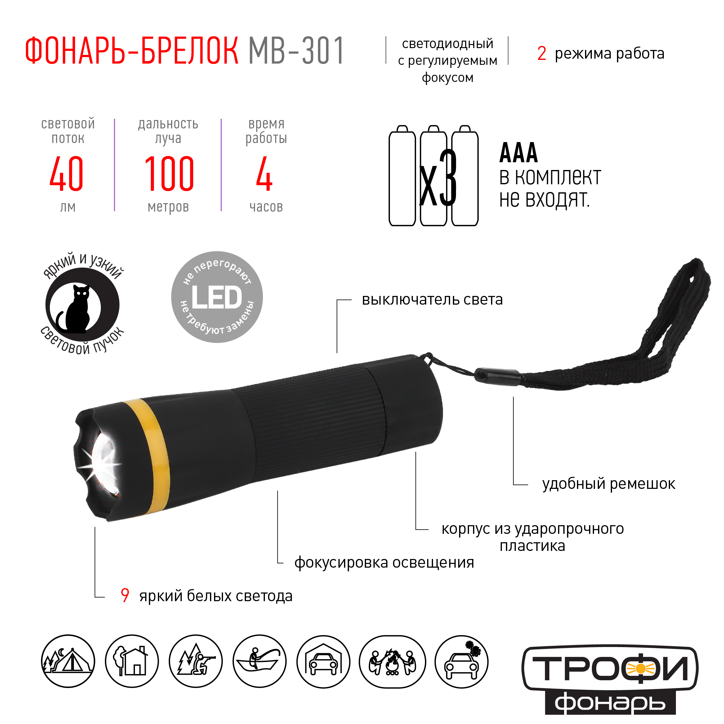 MB-301 Фонарь Трофи (1Вт, регулируемый фокус, пластик, бл) (24/144/2304)