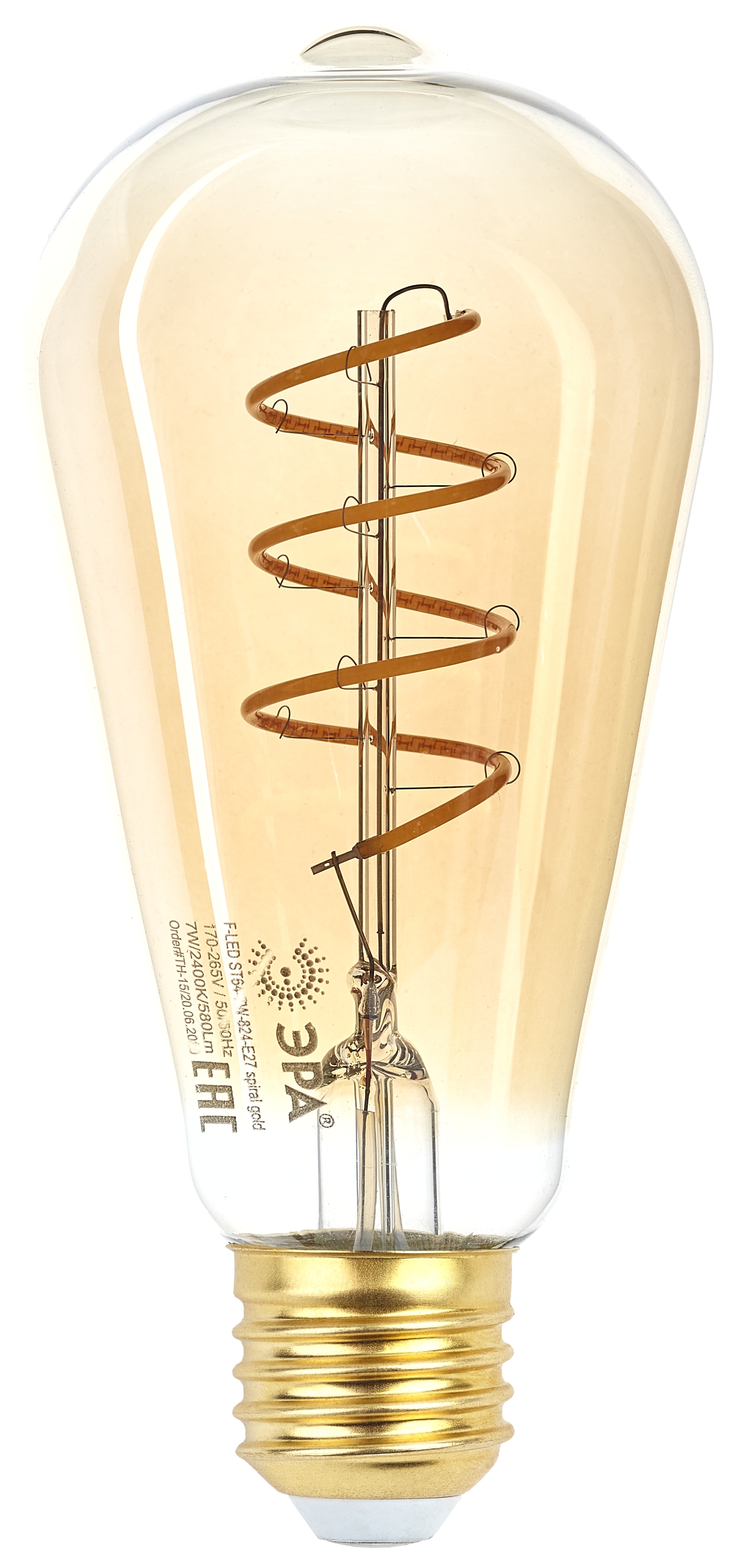 F-LED ST64-7W-824-E27 spiral gold ЭРА (филамент, спир зол, 7Вт, тепл, E27) (20/960)