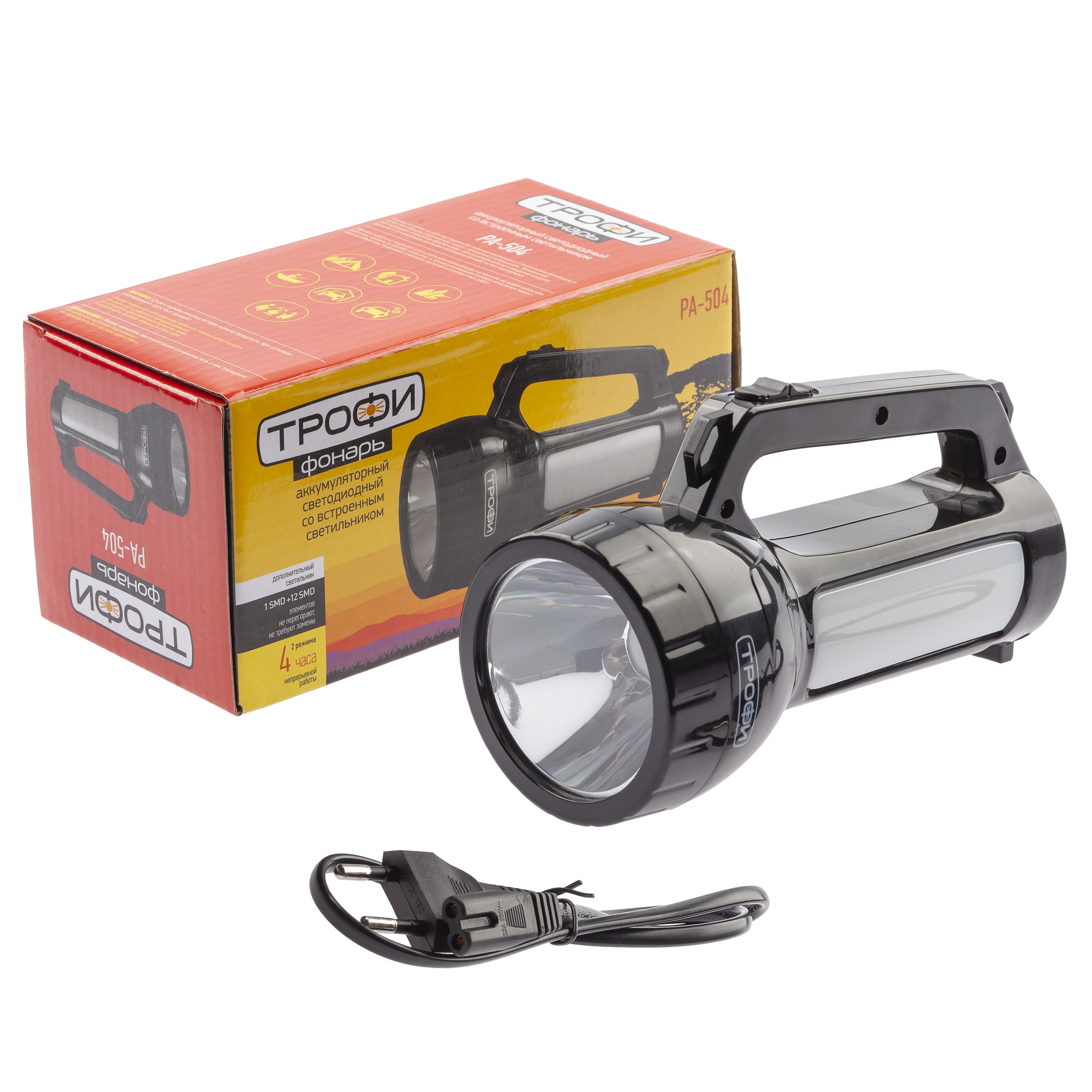 PA-504 Фонарь Трофи прожекторный 1W SMD LED, боковой светильник- 24 SMD LED,  2режима, аккумулятор 4