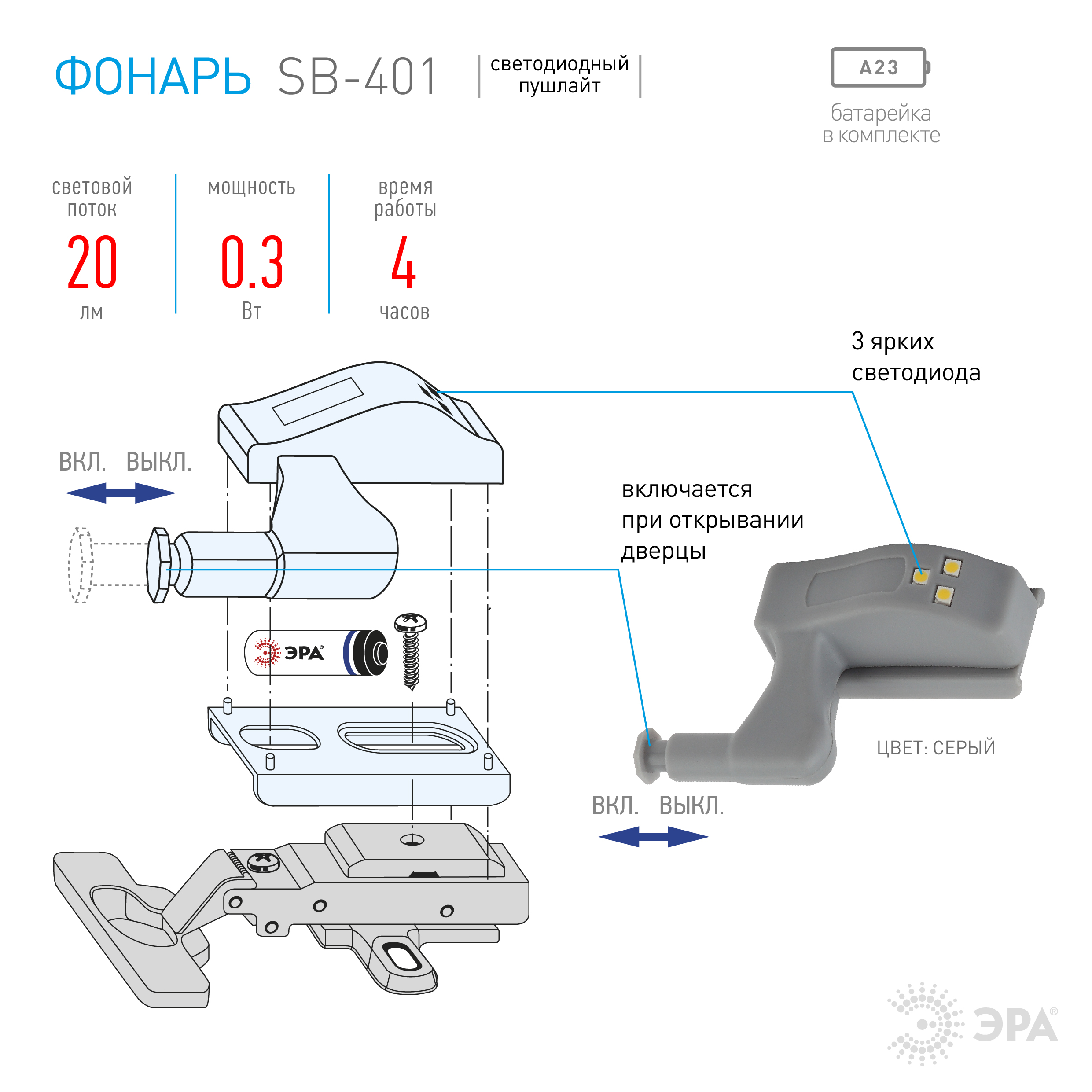 SB-401 Фонарь ЭРА пушлайт-подсветка на петлю в кухонный шкаф [3SMD LED,  2xA23, бл] (10/120/3240)