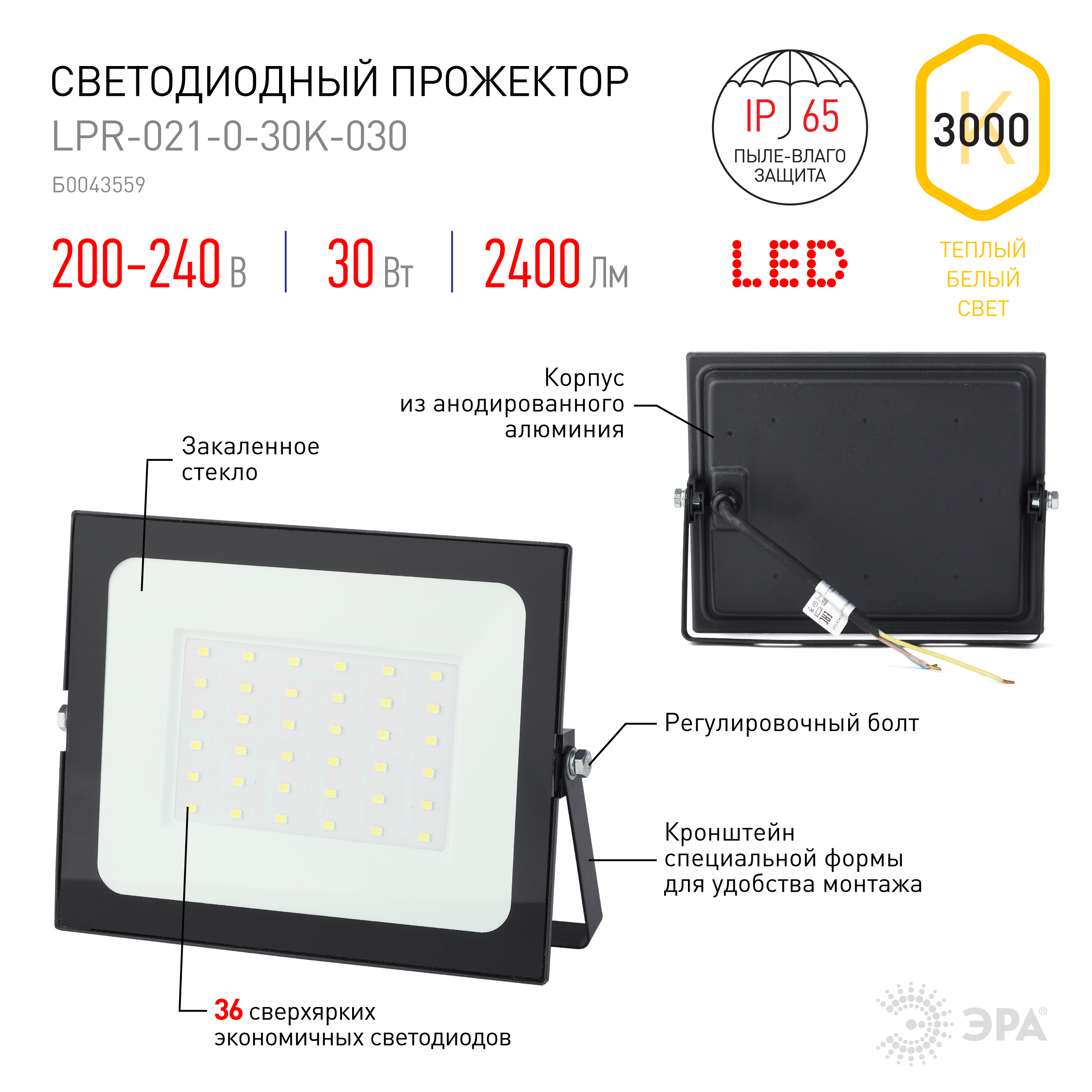 Прожектор светодиодный уличный ЭРА LPR-021-0-30K-030 30Вт 3000К 2400Лм 139х104х35