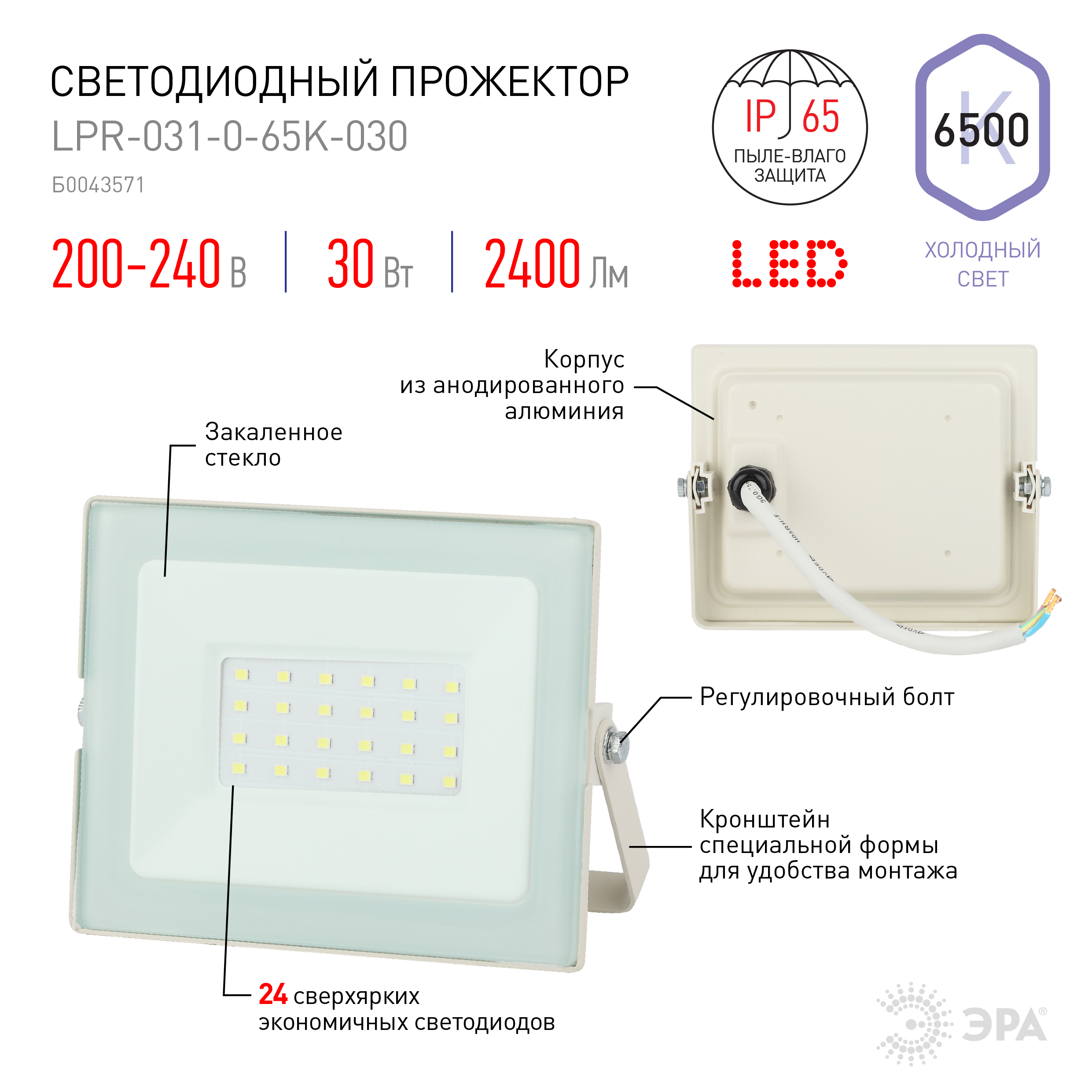 Прожектор светодиодный уличный ЭРА LPR-031-0-65K-030 30Вт 6500К 2400Лм 139x104x35 белый